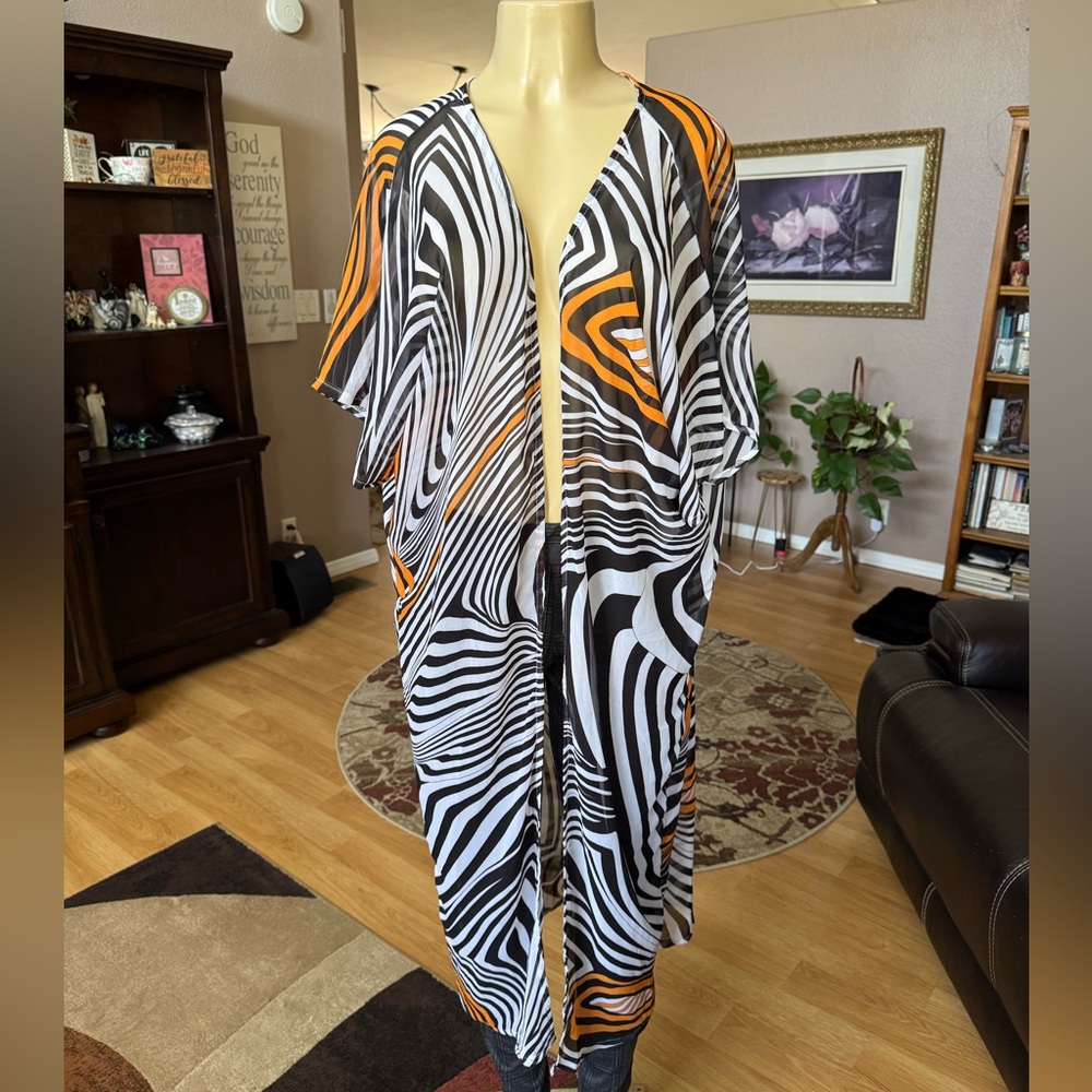 Boutique sheer zebra print w/orange accents cardigan-size L/XL
